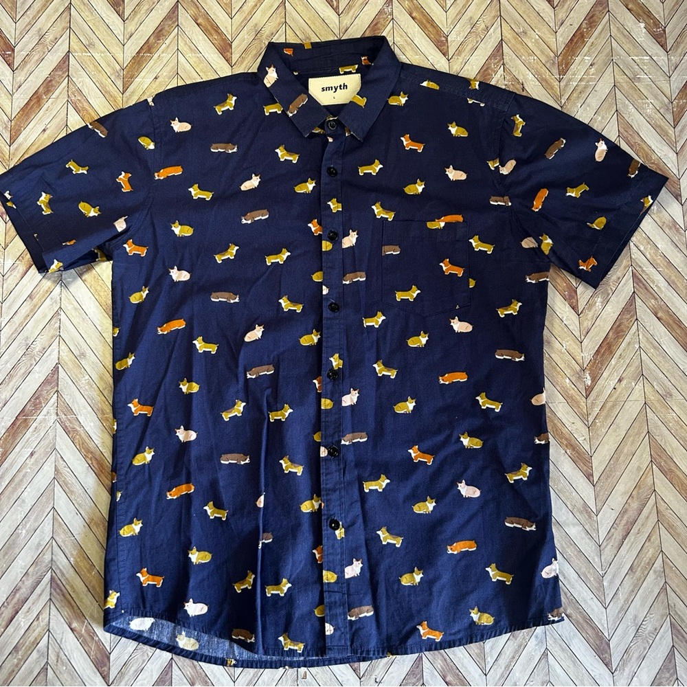 Smyth Mens Short Sleeve Button Down Shirts, Corgi & Dinosaur Bundle (2)